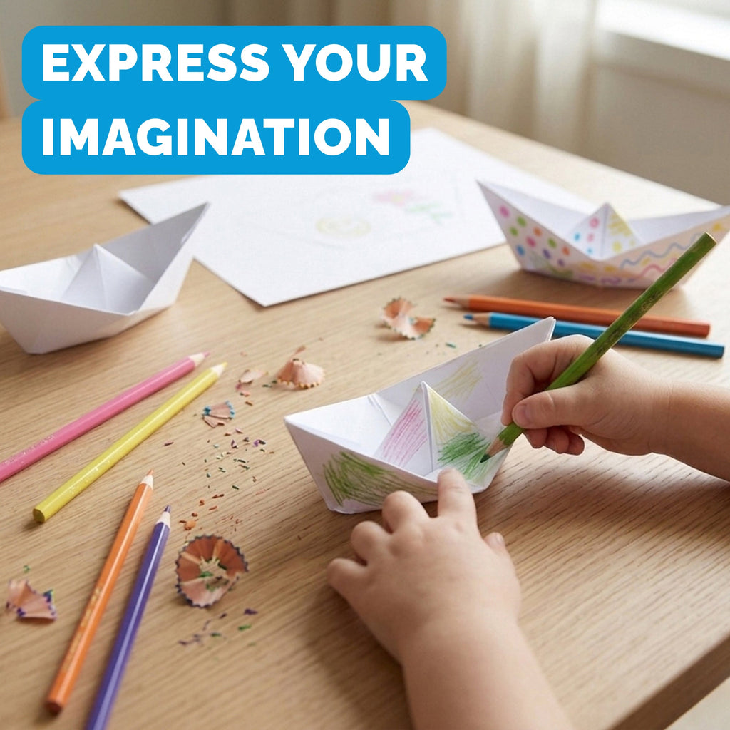 Coloring and decorating WOYS Savannah Set origami paper boats with pencils