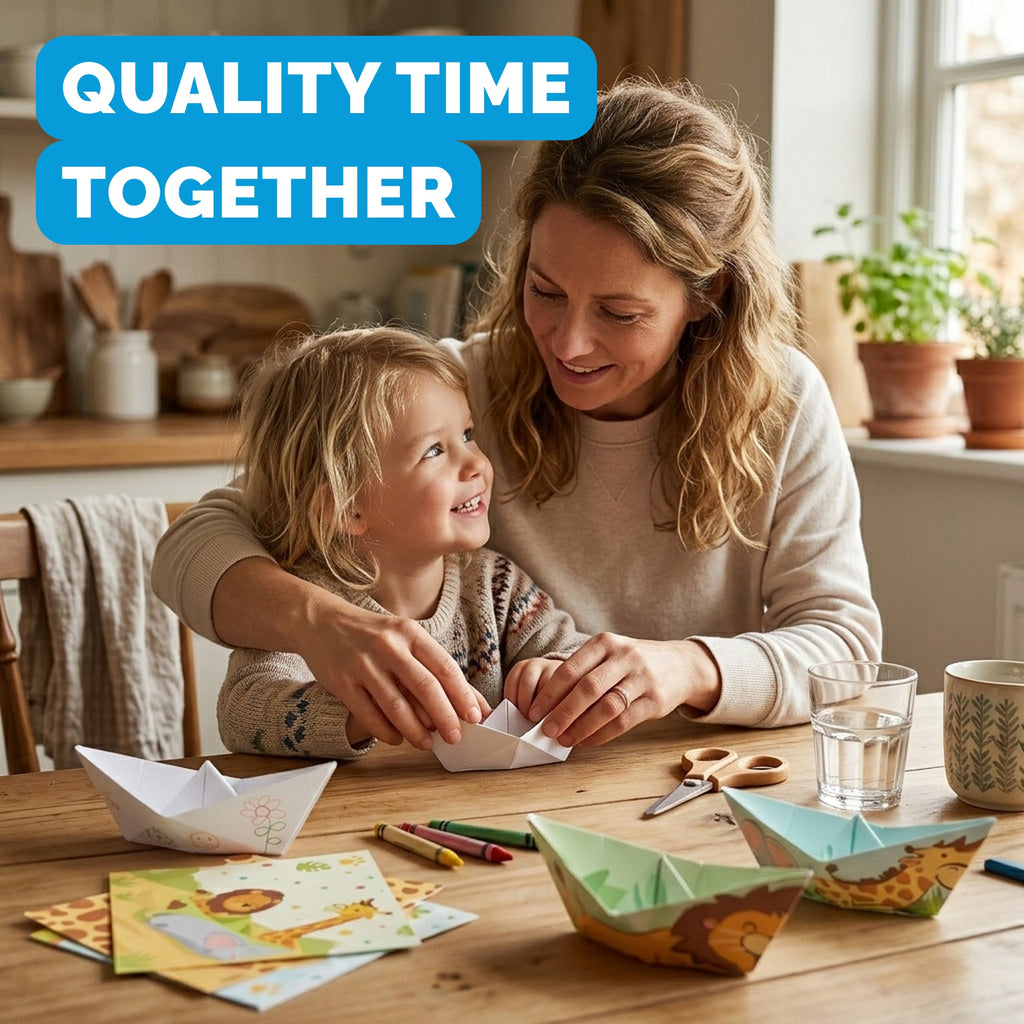 Parent and child folding WOYS Insects Set origami paper boats at the kitchen table