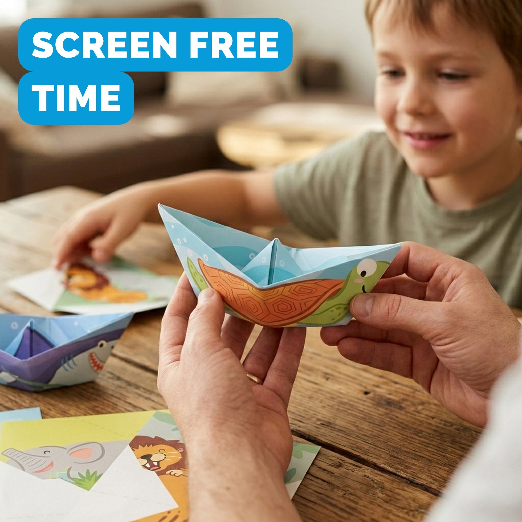 Screen-free play: folding WOYS Tropical Set origami paper boats together
