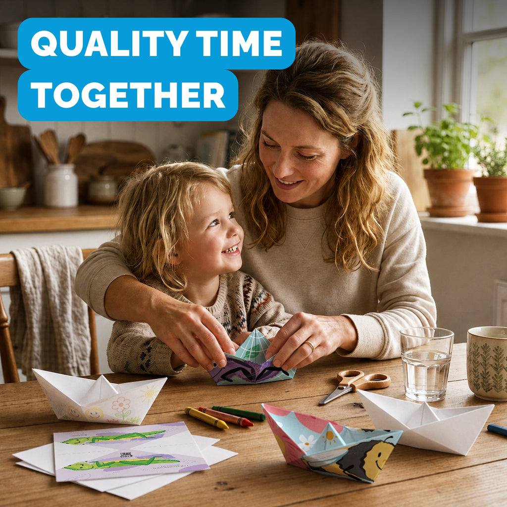 Parent and child folding WOYS Insects paper boats together