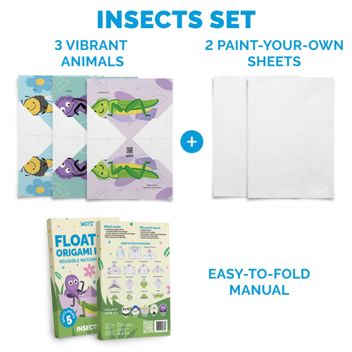 Inside the WOYS Insects Set: 3 illustrated boats, 2 blank boats and a folding guide