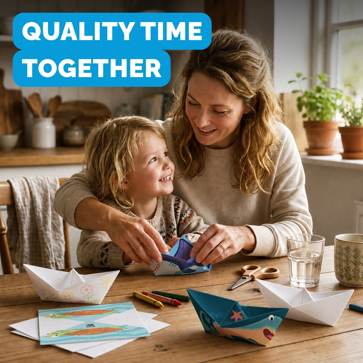 Parent and child folding WOYS Marine paper boats together