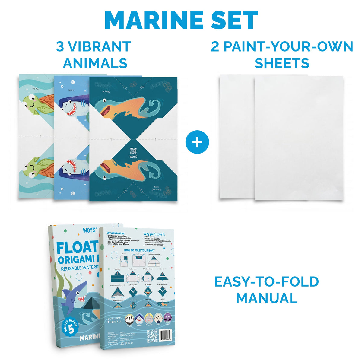 Inside the WOYS Marine Set: 3 illustrated boats, 2 blank boats and a folding guide
