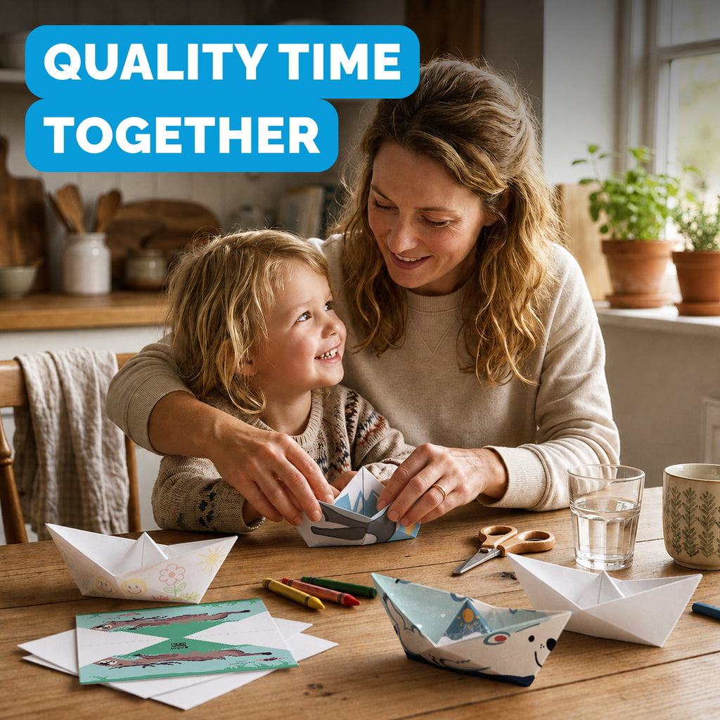 Parent and child folding WOYS North paper boats together