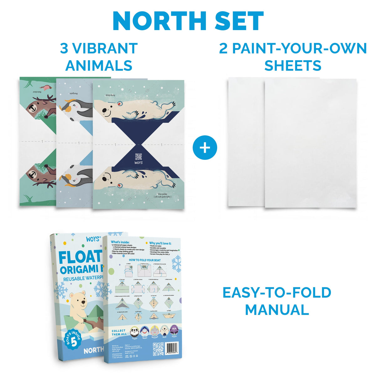 Inside the WOYS North Set: 3 illustrated boats, 2 blank boats and a folding guide