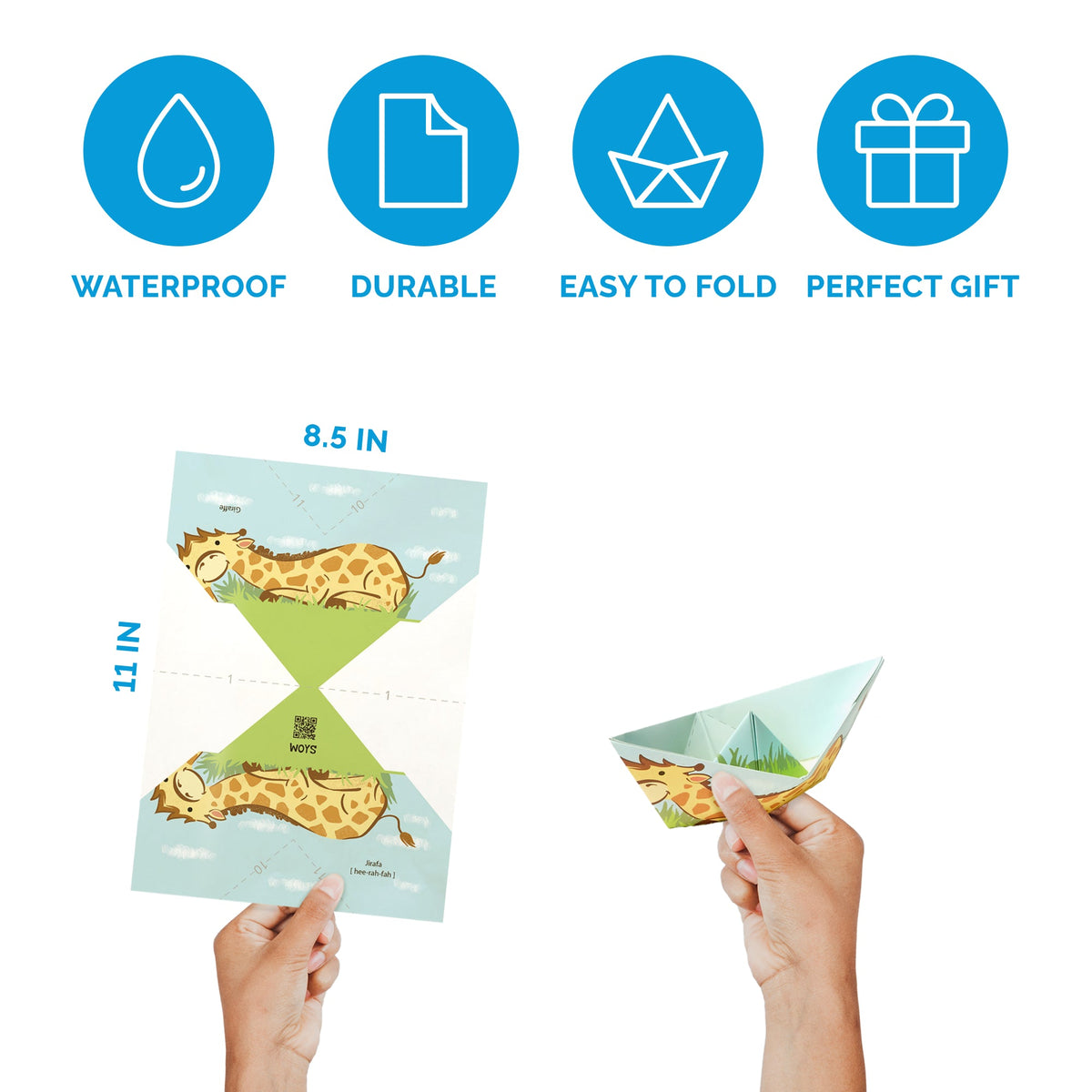 WOYS Savannah Set features: waterproof, reusable, tree-free paper