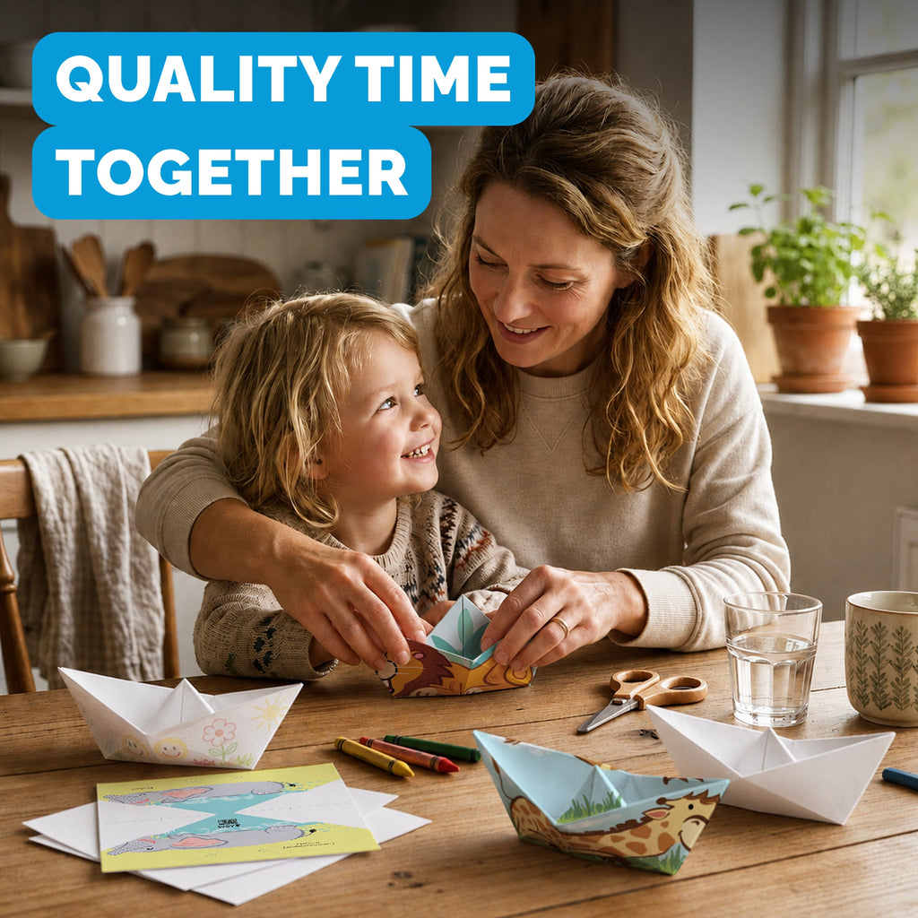 Parent and child folding WOYS Savannah paper boats together