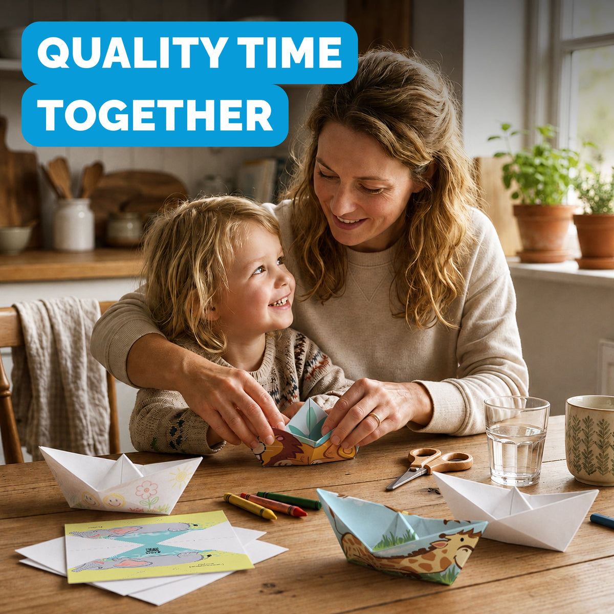 Parent and child folding WOYS Savannah paper boats together