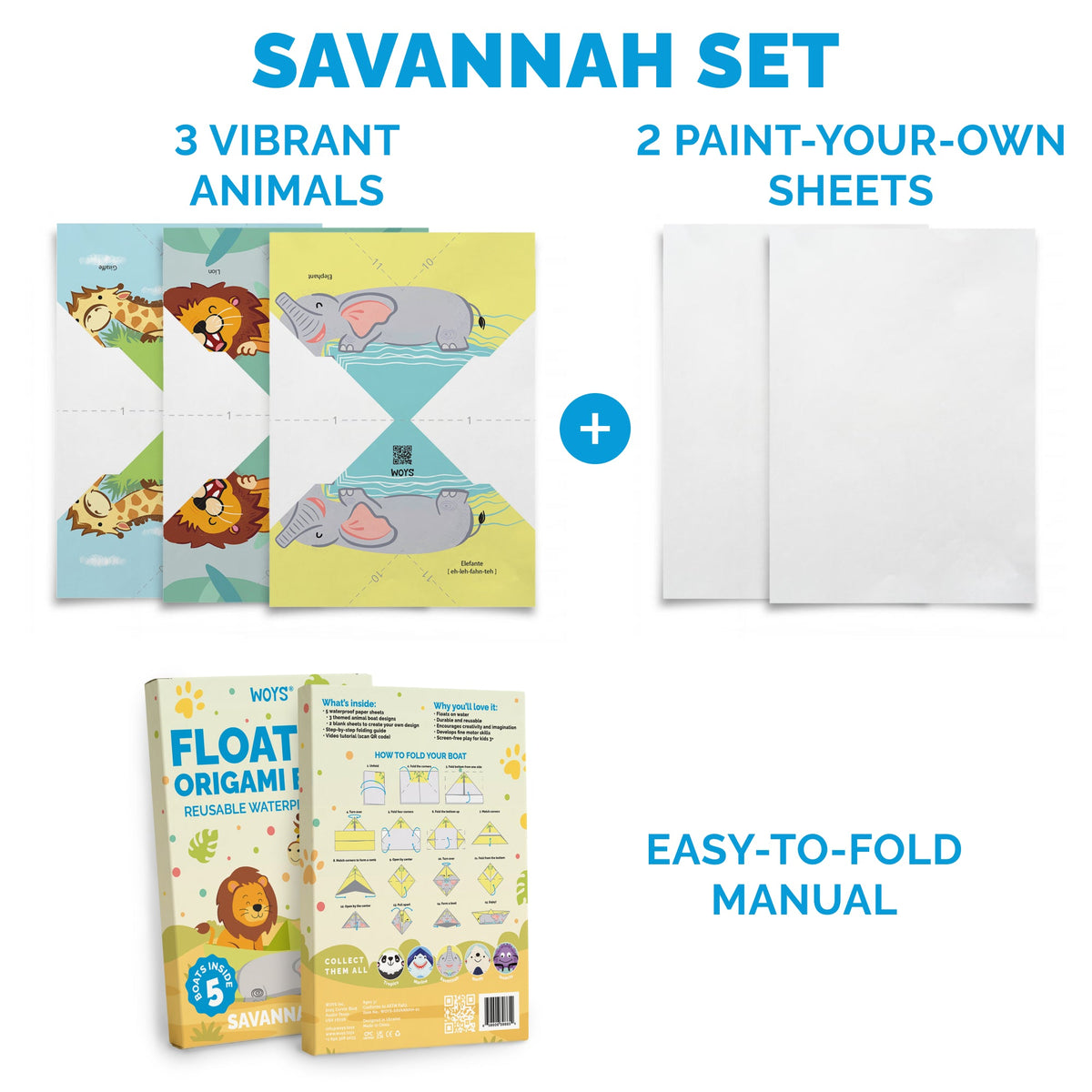 Inside the WOYS Savannah Set: 3 illustrated boats, 2 blank boats and a folding guide