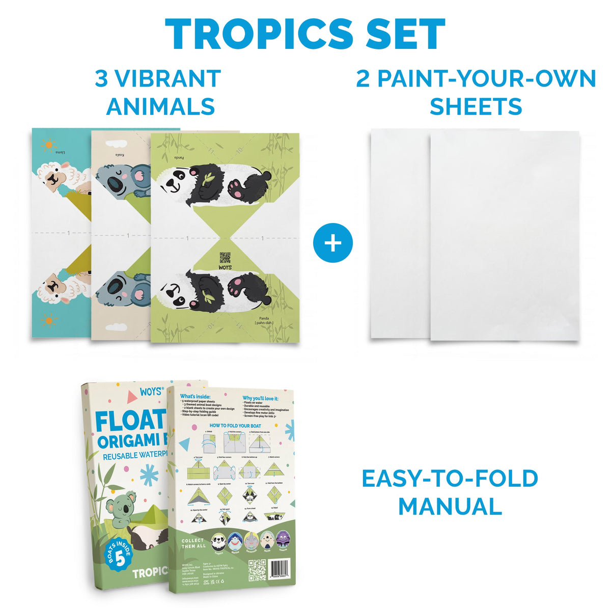 Inside the WOYS Tropics Set: 3 illustrated boats, 2 blank boats and a folding guide